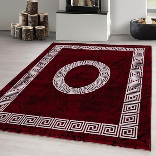 Carpetsale24 Teppich Wohnzimmer Marmor Optik mit Mäander Bordüre Muster Rot Meliert 240 x 340 cm - Kurzflor Teppich Schlafzimmer Pflegeleicht und Extra Weich