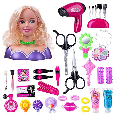 GOXAEEE Frisierkopf, 35 Stück, Frisierkopf und Make-up-Set, Spielzeug, Mädchen, für 1 – 9 Jahre, Puppe Styling Head Hairdressing (blau)