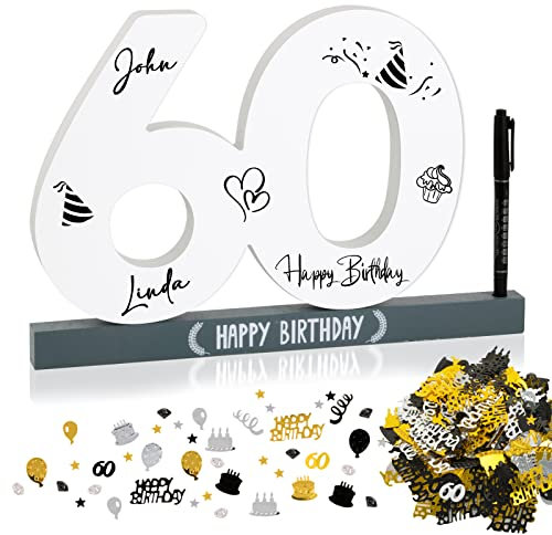 BOFUNX 60. Geburtstag Gästebuch + Geburtstag Konfetti + Stift, Holz Kreative 60. Geburtstag Geschenkidee für Frauen Männer Holz Andenken Tischdeko