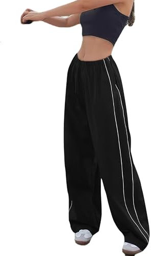 Imuedaen Track Pants Damen Parachute Pants Y2k Hosen Baggy Cargohose Weites Bein Track Pants Vintage Baggy Hosen für Frauen Streetwear Elastische Taille Freizeithose Pants (A Schwarz, S)