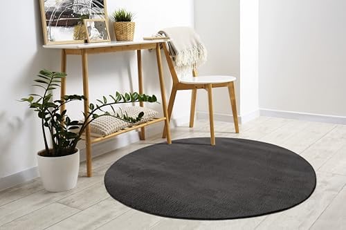 Mia's Teppiche Comfort Moderner Flauschiger Kurzflor Teppich, Anti-Rutsch Unterseite, Waschbar bis 30 Grad, Super Soft, Felloptik, Anthrazit, 160 cm Rund