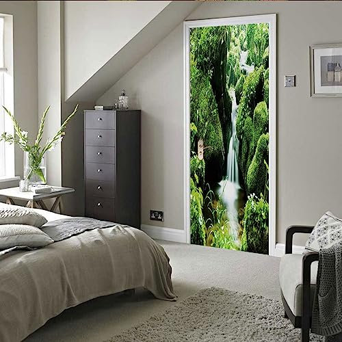 A.Monamour Sticker Porte Autocollant Poster De Porte 3D Cascade Dans La Vallée Au Milieu De La Forêt Vinyle Affiche De Porte Sticker Mural Papier Peint Art Décor 77x200cm