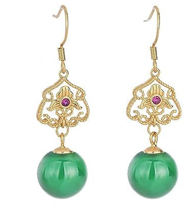 Artisanat Classique En Or Ancien Incrusté De Boucles D'oreilles Vertes Rondes En Calcédoine Naturelle Pour Femmes Bijoux Fantaisie De Style Chinois