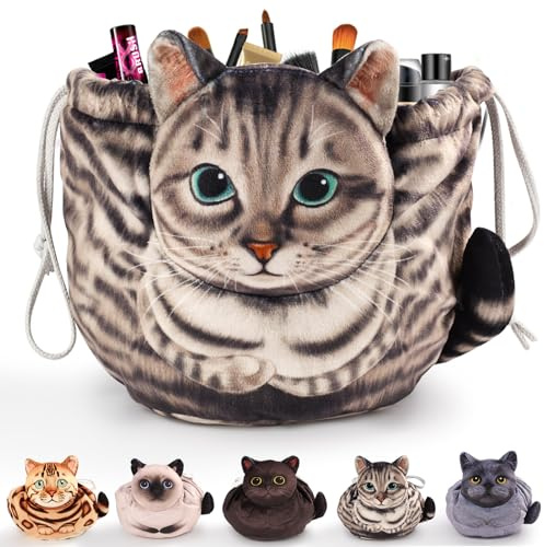 Openhahaha Cat Makeup Bag, Lay Flat Drawstring Pouch, Cat Gifts for Women