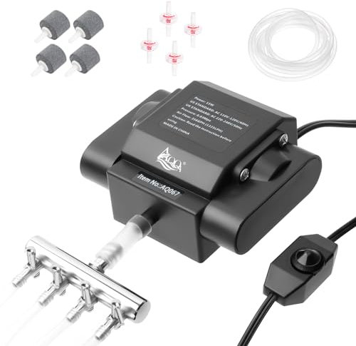 AQQA Potente bomba de aire con 4 salidas, bomba de oxígeno regulable de 15 W para acuario, bomba de aireación silenciosa con accesorios completos, hasta 3800 L