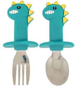 Althea Living - Cubiertos Infantiles Forma Dinosaurio | Seguros Anti-Atragantamiento | Ergonómicos y Fáciles de Sostener | Libre de BPA, Acero Inoxidable, Silicona Grado Alimenticio