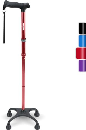Rehand Quad Cane, Walking Cane with Ergonomic Handle Ever and Graceful 4-Pronged Base for Extra Stability, Adjustable Walking Sticks for Right or Left Handed Men & Women and Seniors [Red]