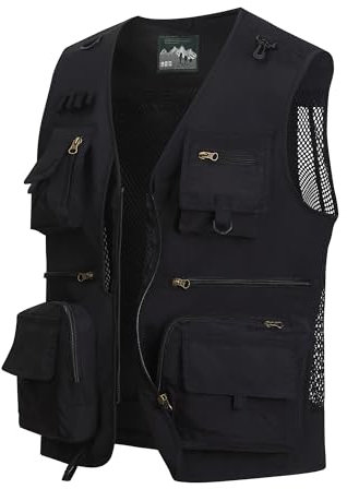 MeiLayM Herren Outdoor Weste Anglerweste mit Mehreren Taschen Leicht Fotografie Weste Sommer Multifunktionsweste Camping Jagd Weste Atmungsaktiv Ärmellos Jacke Schwarz,S
