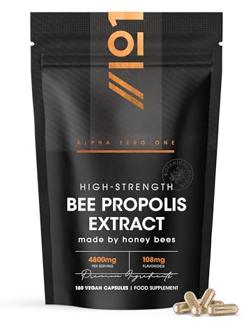 Bee Propolis Extract 4800mg – Standardised 108mg Flavonoids – 180 Vegan Capsules – High Strength Propolis Supplement - Resealable and Recyclable Pouch by Alpha01