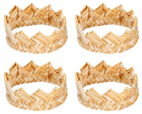 sourcing map 4pcs Rattan Napkin Rings Handmade Woven Napkin Ring Crown-shaped Napkin Holders for Party Festival Decoration, Dinning Tables, Family Gatherings, Brown(2.4)