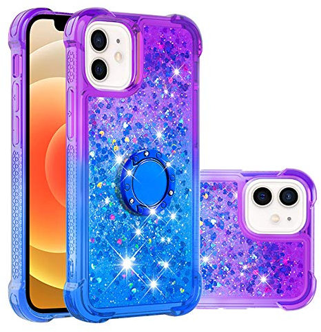IMEIKONST Compatible with iPhone 12 Mini Glitter Gradient Case, Sparkle Quicksand Clear TPU Bumper Silicone Shell Metal Ring Stand Fuction Shockproof Cover for iPhone 12 Mini. Purple Blue JBZ
