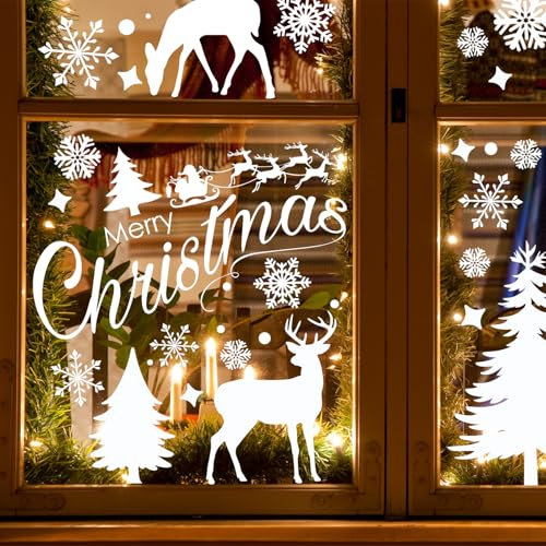 214PCS Weihnachten Fenstersticker, Fensterbilder, Doppelseitige Wiederverwendbare Statisch Haftende PVC Aufkleber, Selbstklebend Rentier Weihnachtsmann Aufkleber für Glasfenster Weihnachten Dekoration