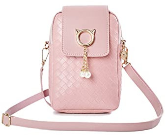 FuninCrea Sac à bandoulière en Pu avec fermeture à glissière et bouton pression pour femme sac pour téléphone portable avec pendentif en perle petit sac messager avec bretelles réglables (rose)