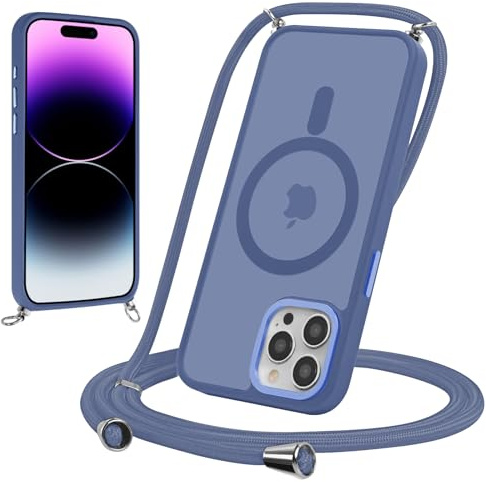 Yodege Magnetische Handyband für iPhone 16 Pro Max 6,9 Hülle mit Band, Handyhülle Kompatibel mit MagSafe, Matt Transluzente PC + TPU Stoßfest Schutzhülle mit Abnehmbar Kordel zum Umhängen Case, Blau