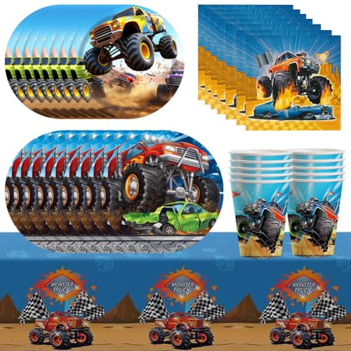 51 Stück Kinder Geburtstag Geschirr, Truck-Partygeschirr, Kindergeburtstag Supplies, Tassen, Teller, Papier, Tischdecken für Geburtstagsdeko