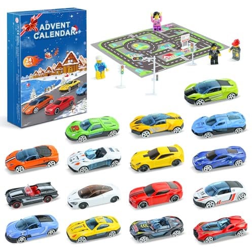 Auto Adventskalender 2025 für Kinder, Mini Racers Adventskalend 24 Tage Weihnachts-Countdown-Kalender Spielzeug Exquisite Sportwagen Rennspielzeug Rennstrecken-Spielmatte geschenk Jungen Mädchen