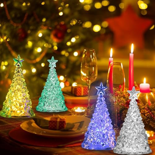 Acrylic Color Changing Tree 4Pcs, Ice Crystal LED Xmas Tree Light Up Mini Tree Light Battery Operated For Home Study Bedroom Headboard Office Desk