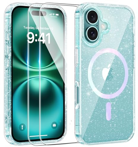 AROYI 3 in 1 Clear Glitter Case for iPhone 16 Plus with 2 Tempered Glass Screen Protector, Bumper Anti-Scratch Sparkle Bling Women Girls Phone Case