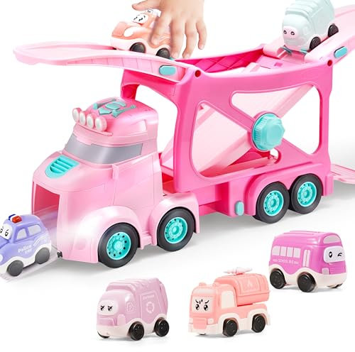 Vroomix Camion de Transport Rose Princesse Extra Large à 3 Couches, Jouets pour Filles, Camion Transporteur 7 en 1 avec Pistes de Vitesse, Sirène et Lumières, 6 Voitures, Cadeaux d'anniversaire
