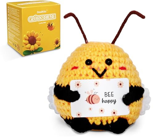 Pocket Hug Glückliche Biene - Glücksbringer mit Positiver Energie - Niedliche Häkelbiene Lucky Bee - Originelles Ermutigungsgeschenk Motivationsgeschenk für Frauen Kinder, Perfekt als Büro Deko