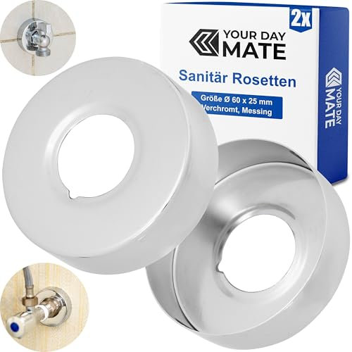 Messing Rosette DN20, 2 Stück, Größe Ø 60 x 25 mm, Verchromt, für Rohrabdeckung, Abdeckrosette, Rohrmanschette Siphon, Armatur Blende, Rohrstück, Heizkörper, Schubrosette Sanitär Zubehör