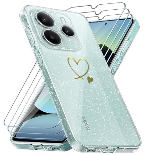 crisant Handyhülle Kompatibel mit Xiaomi Redmi Note 14 5G (Nicht für 4G) mit 3 Stücke Schutzfolie, Weich TPU Anti-Fingerabdruck Hülle, Glitzer und Absturzsicherung Schutzhülle (Transparent)