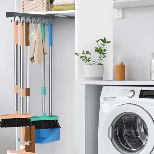 Pull Out Broom Holder, Multifunctional Slide Broom And Mop Storage/Organizer With Adjustable Double Row Sliding Hook, Garage Organization Hooks, for Closet Laundry Garage Kitchen - 41cm/16.141inch