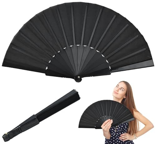 TSKDKIT Hand Fan Folding 2pcs Handheld Fabric Fans for Women Men, Black Manual Silk Fabric Folding Fans with Plastic Ribs, Hand Held Chinese Fan for Wedding Party and Home Decoration