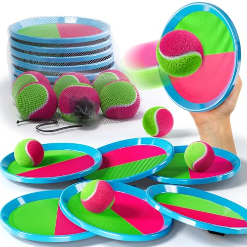 Klettballspiel 6 Bälle für Kinder, Outdoor Garten Strand Wurfspiel | Weiche Klettbälle und griffige Haftscheiben, inklusive Aufbewahrungsbeutel, leicht & platzsparend für Ausflüge im Freien