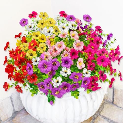 ROLLWAY 9 Bündel Kunstblumen für Draußen Künstliche Blumen wie Echt, Kunstblumen Balkon Pflanzen Künstlich Outdoor Balkonpflanzen Wetterfest Seidenblumen für Innen Außen Balkonkasten Außenbereich