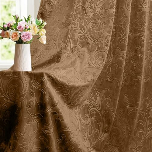 BTTO 2er Set Samtvorhang Kräuselband, Luxus Samt Verdunklungsvorhänge mit Blumenprägung Muster, Blickdicht Gardinen für Schienen, Vielseitig für Wohnzimmer, Schlafzimmer(H213xB132CM, Erdiges Gold)