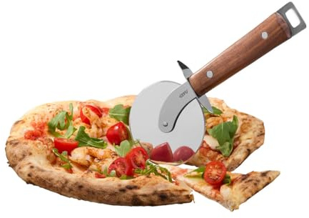 GEFU Pizzarad MADERO - Pizzaschneider Edelstahl mit Walnussholzgriff | Großes Schneidrad Ø 9 cm für Pizza und Flammkuchen - Mit Klingenschutz und praktischer Aufhängeöse - Beidseitig geschliffen
