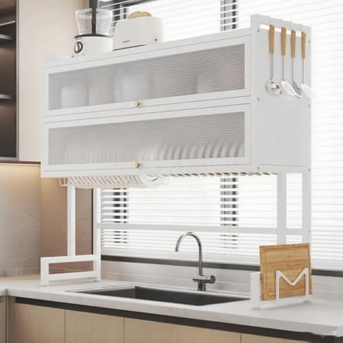 ZUGIATP Large Metal Countertop Dish Drying Rack For Kitchen Sinks Three-tiered Dish Drying Rack With Lid Over The Sink Dish Drying Cabinet With Magnetic Doo(White double layer,65cm/25in)