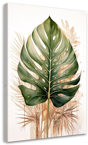 Feeby Bilder - Foto Geschenk - Monstera-Blatt Aquarell Grün Natur - 70x100 1tlg - Leinwandbilder Wohnzimmer - Wandbild - Bild Schlafzimmer - Aesthetic Zimmer Deko - Modern Pictures