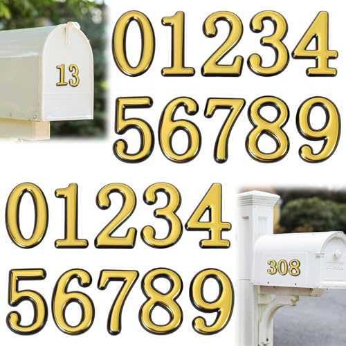 50Pcs Mailbox Numbers for Outside, 5 Sets of 0-9 Self-Adhesive Mail Box Numbers 2 Inch Gold Door Address Number Stickers, 3D Waterproof House Number for Mailbox Apartment House Trash Bins Office