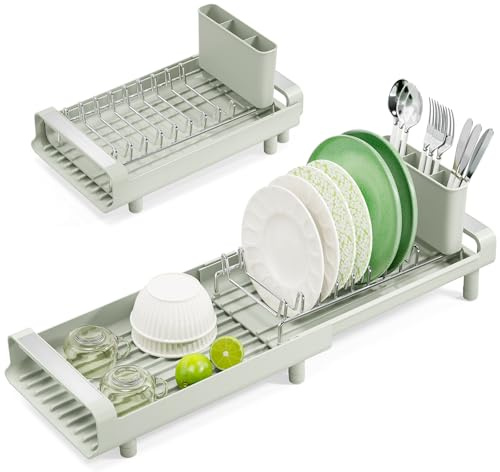 KINGRACK Small Stainless Steel Dish Drainer Rack, Off-White | Expandable, Removable Cutlery Holder, Anti Rust, Compact Draining Board for Kitchen