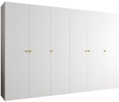 MEBLE KRYSPOL - Kleiderschrank - Garderobenschrank - 300 cm x 202 x 52 cm - Schrank mit Kleiderstange, 6 Türen - für Schlafzimmer, Flur - Parma, Weiß, Griff Gold