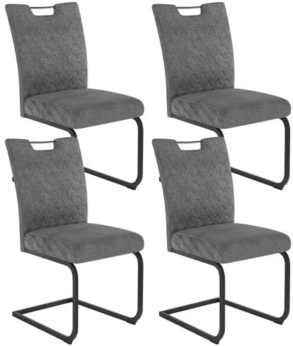 JIEXI Schwingstuhl Esszimmer 4er Set – Freischwinger Polsterstuhl mit extra dickem Sitzkissen, Stoffbezug Grau & gesteppter Rückenlehne, Metallkufen stabil, bis 113 kg (Dunkelgrau 4 Stühle)