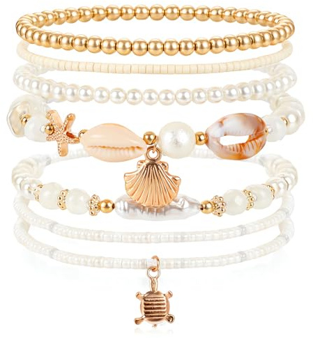 Mikovivi Summer Beach Bracelets for Women | Shell Seashell Starfish Beaded Surfer Bracelets Set, Boho Seaside Holiday Vacation Party Friendship Jewelry Gift