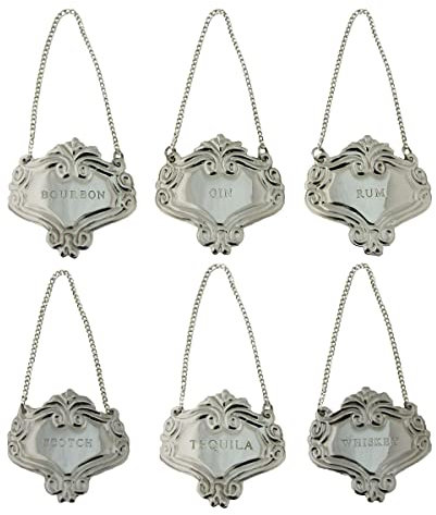 Silver Engraved Fancy Floral Decanter Labels Liquor Bottle Label Tag Set/6 Tags