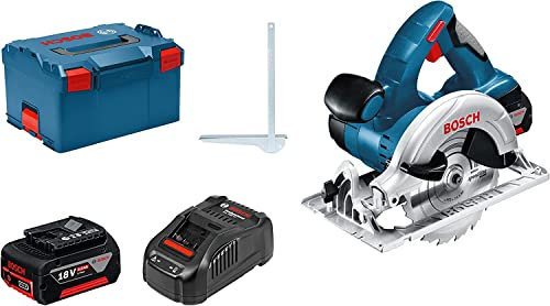 Bosch Professional Scie Circulaire GKS 18 V-LI (18V, 2 Batteries 5,0 Ah, Ø de la lame de scie : 165 mm, Capacité de coupe maxi dans le bois (90°/45°) : 52/40 mm, L-Boxx)