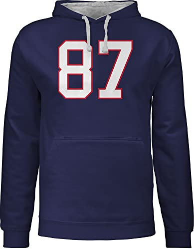 Pullover Herren Frauen Hoodie Kontrast zweifarbig - American Deko Superbowl Party - Football New England 87-3XL - Navy Blau/Grau meliert - Damen Geschenke Fans footballfans Kapuzenpullover für