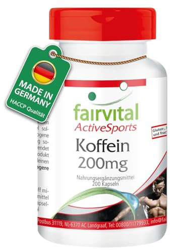 Fairvital | Caféine 200mg en gélules - pour 200 JOURS - Fortement dosé - VEGAN - 200 pièces