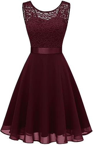 Berylove Mujer Vestido Corto de cóctel Top Falda de Encaje Columpio de Gasa para Boda de Bola BLP7005Burgundy L