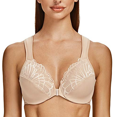 MELENECA Front Fastening Bras for Women Plus Size Underwire Unlined Lace Cup Cushion Strap Pale Nude 34F