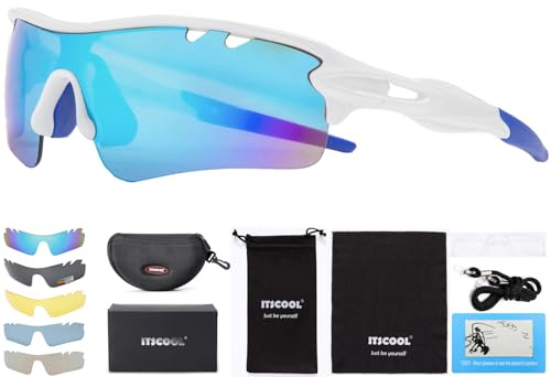 Itscool Polarized Sports Sunglasses for Men Women with 5 Interchangeable Lenses for Golf Baseball Running Cycling Glasses White & Blue