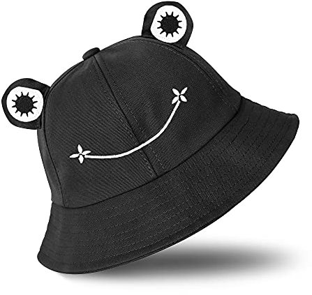 SAOROPEB Frog Hat for Adult Teens, Cute Frog Bucket Hat, Cotton Bucket Hat Funny Hat Fisherman Hat for Men Women, Black, M