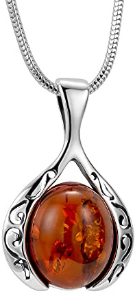 Damen Kette Mit Bernstein-Anhänger Aus Echt Silber 925 Längenverstellbar
