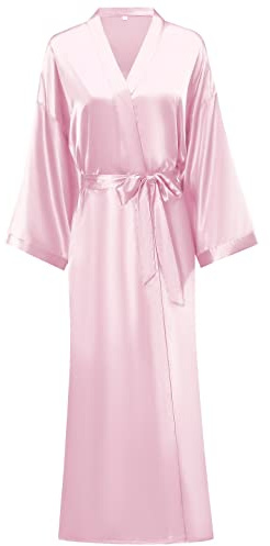 V Vaborous Women's Satin Robe Long Silk Robes Kimono Robes Long Bridal Robes Silky Bathrobes Sleepwear, Pink, L/XL