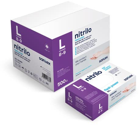 Santex Guantes de nitrilo sin polvo azul | Gama Nitrilo Flash Power | Guantes desechables de un solo uso | Extra fuerte | Extra largo 28 cm | Libre de látex | Caja de 50 unidades | Talla L